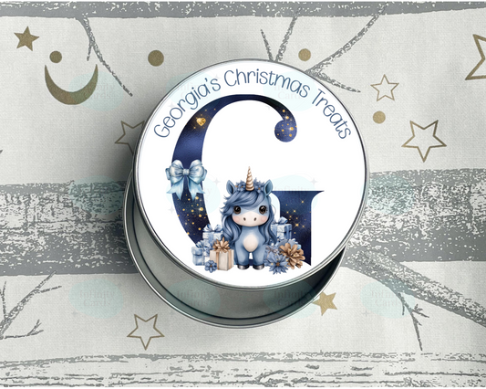 Personalised Unicorn Initial Christmas Treat Tin