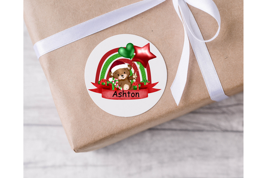 Personalised Christmas Rainbow with Bear Christmas Present Labels