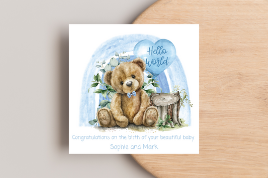Hello World Teddy Bear New Baby Personalised Card