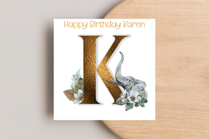 Personalised Gold Initial Elephant Birthday Card
