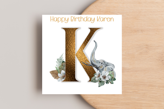 Personalised Gold Initial Elephant Birthday Card