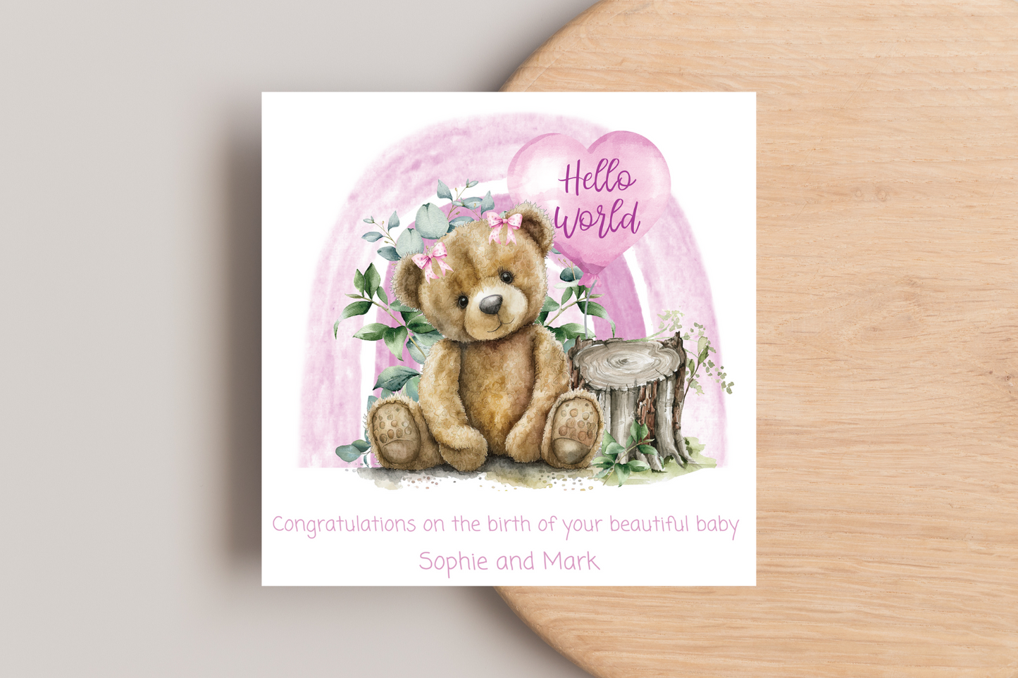 Hello World Teddy Bear New Baby Personalised Card