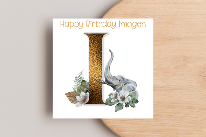 Personalised Gold Initial Elephant Birthday Card