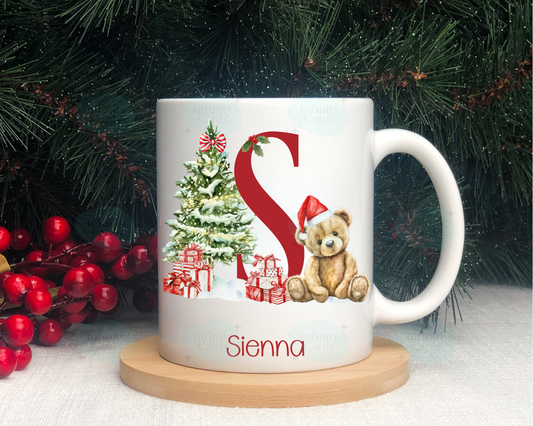 Personalised Teddy Bear Initial Christmas Mug