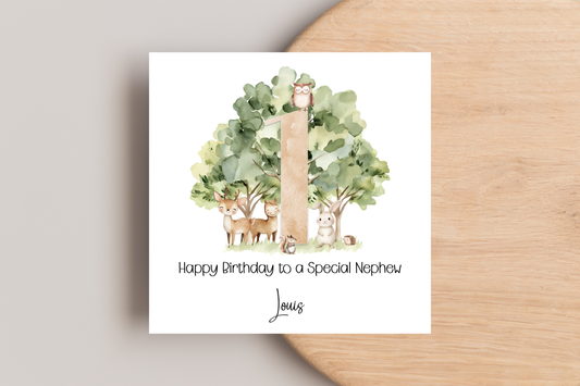 Personalised Woodland Animal First Birthday Card