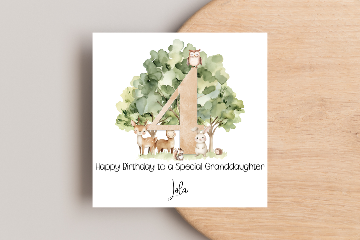 Personalised Woodland Animal 4th Birthday Card