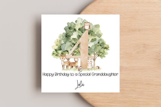 Personalised Woodland Animal 4th Birthday Card