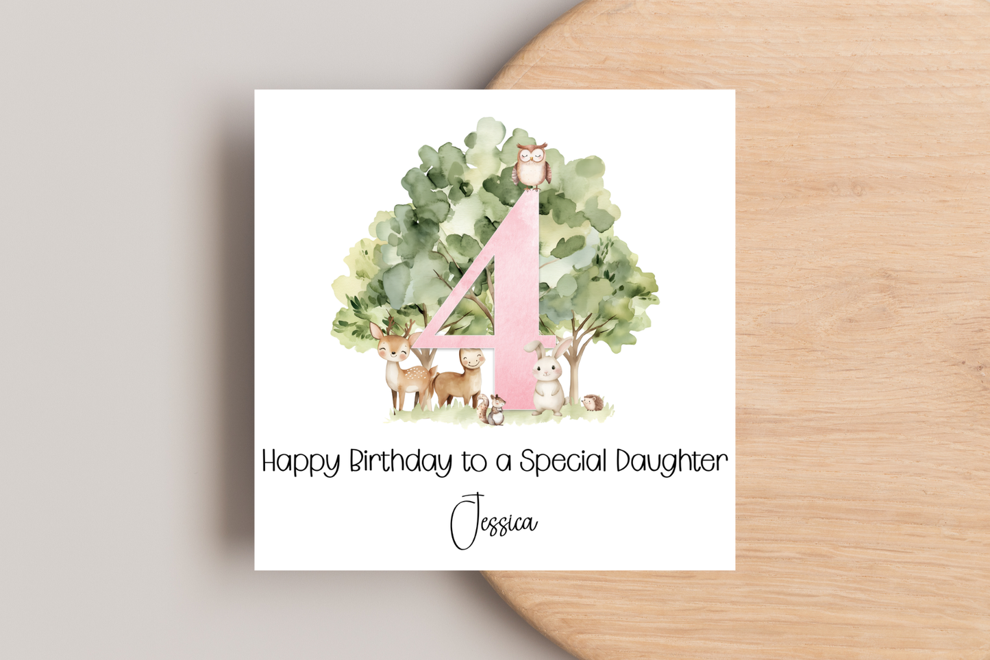 Personalised Woodland Animal 4th Birthday Card