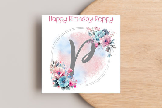 Personalised Pink and Blue Floral Initial Birthday Card