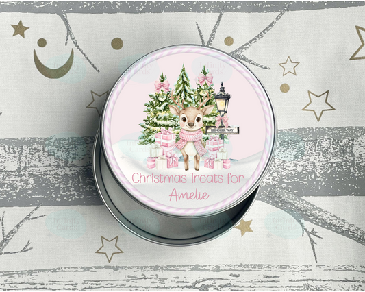 Personalised  Reindeer Christmas Treats Round Tin