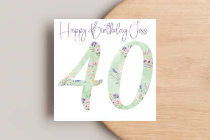 Personalised Green Floral Numbered Birthday Card