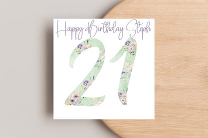 Personalised Green Floral Numbered Birthday Card
