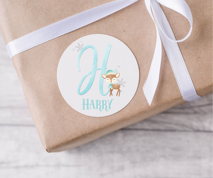 Personalised Blue Initial Reindeer Christmas Present Labels