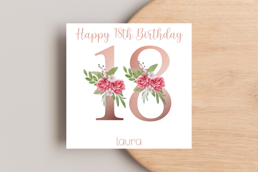 Personalised 18th Rose Gold Floral Birthday Card