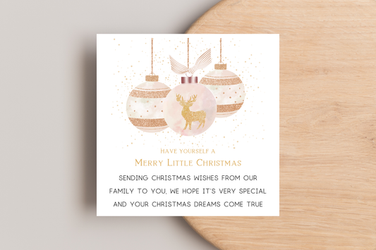 Rose Gold Reindeer Santa Claus Bauble Christmas Card