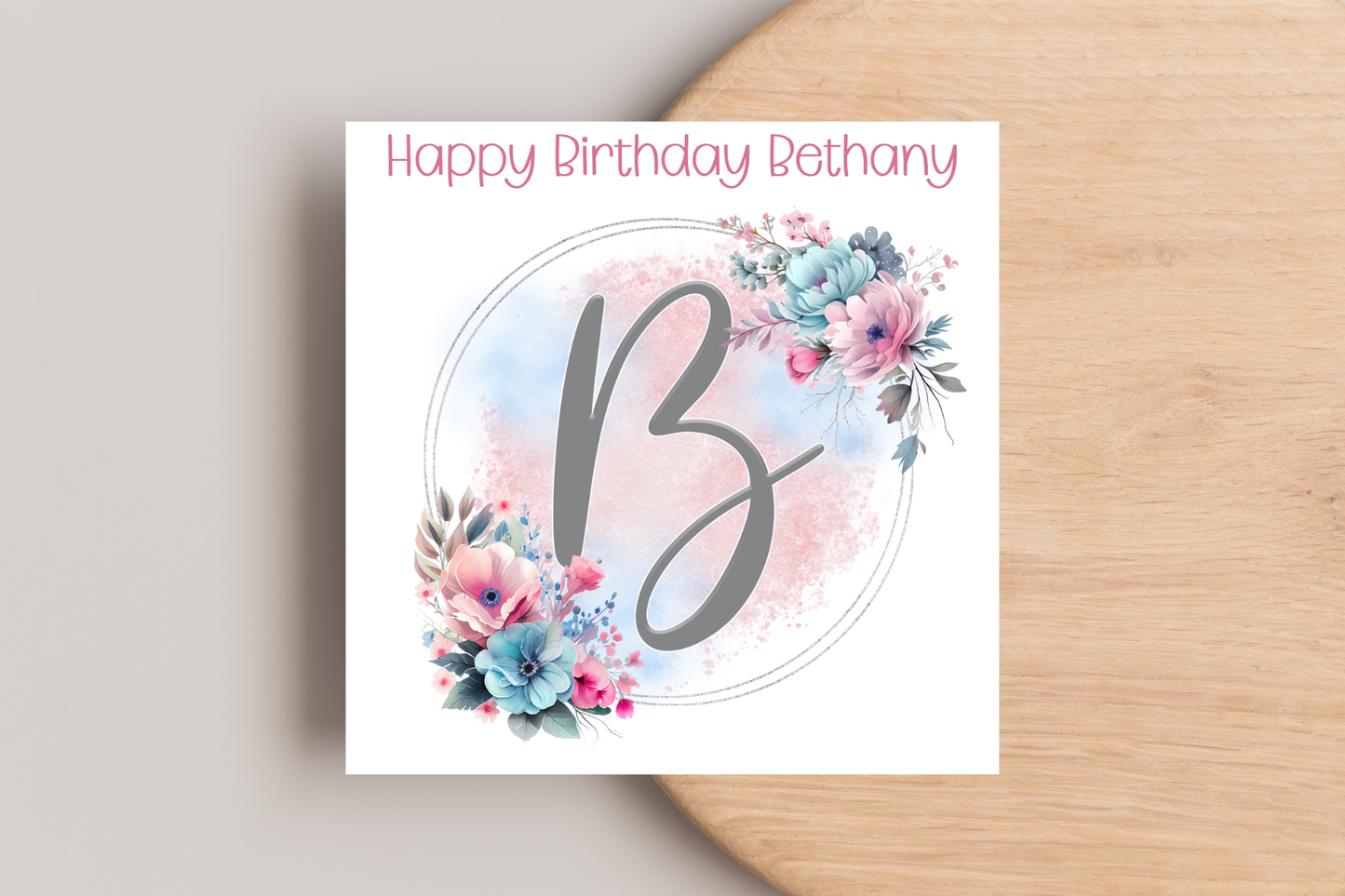 Personalised Pink and Blue Floral Initial Birthday Card