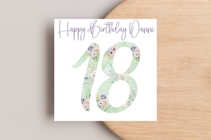 Personalised Green Floral Numbered Birthday Card