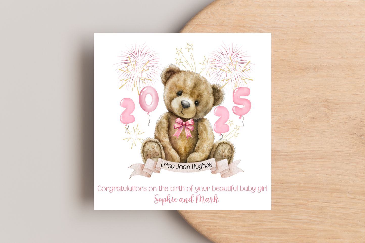 Born in 2025 Teddy Bear New Baby Personalised Card
