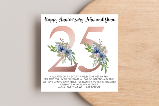 Personalised 25th Wedding Anniversary Card - Silver Wedding, Customisable, Milestone Celebration