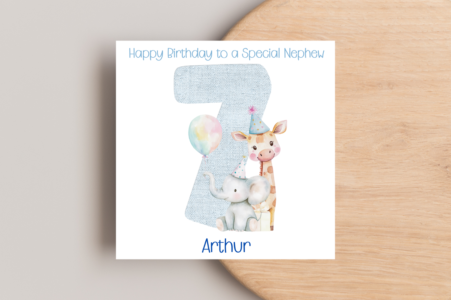 Personalised Blue Giraffe and Elephant Birthday Card
