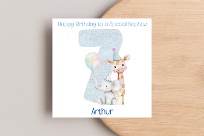 Personalised Blue Giraffe and Elephant Birthday Card