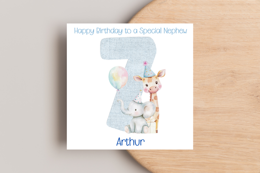 Personalised Blue Giraffe and Elephant Birthday Card