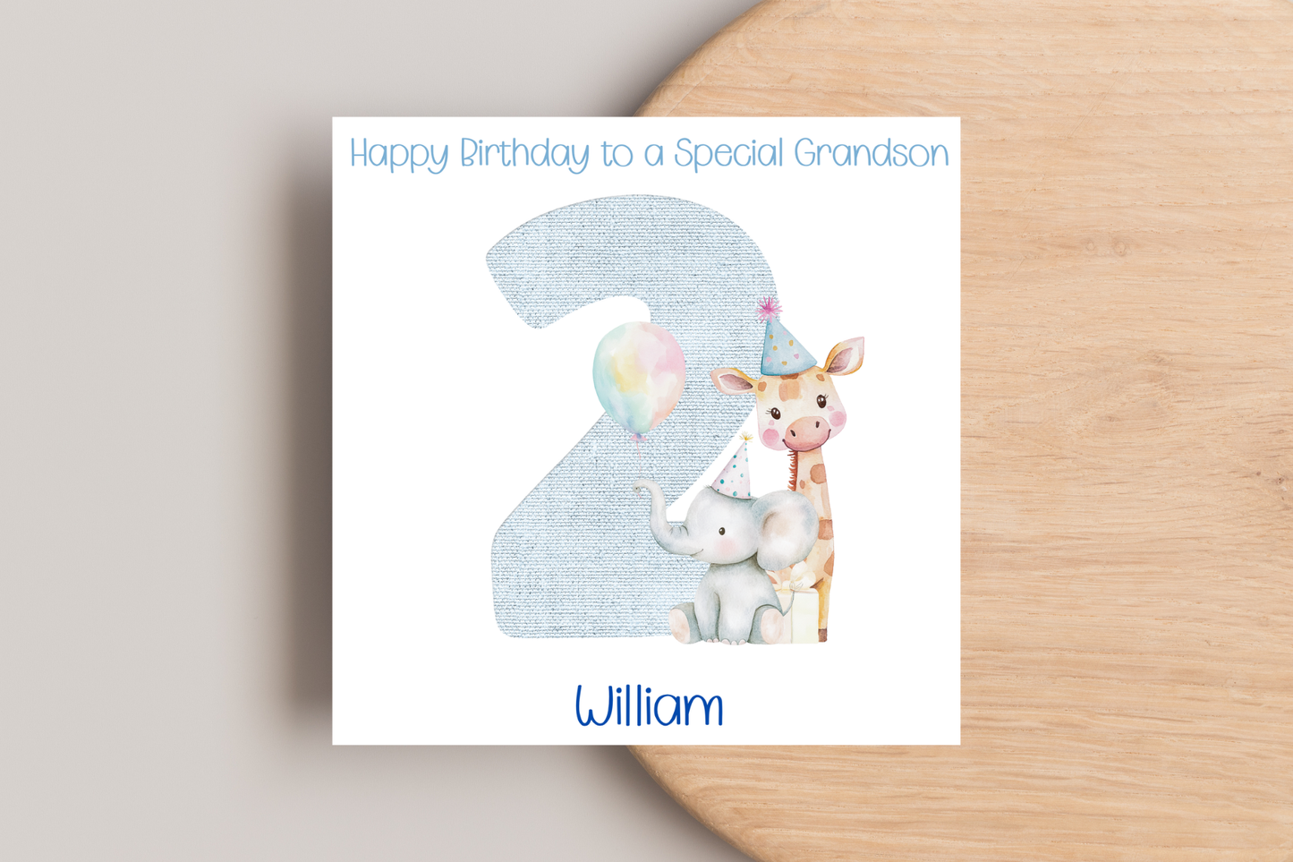 Personalised Blue Giraffe and Elephant Birthday Card