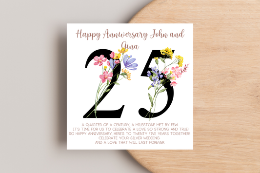 Personalised 25th Wedding Anniversary Card - Silver Wedding, Customisable, Milestone Celebration