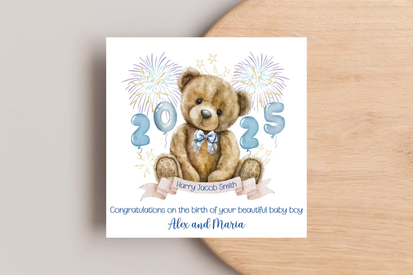 Born in 2025 Teddy Bear New Baby Personalised Card