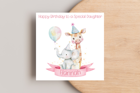 Personalised Giraffe and Elephant Birthday Card