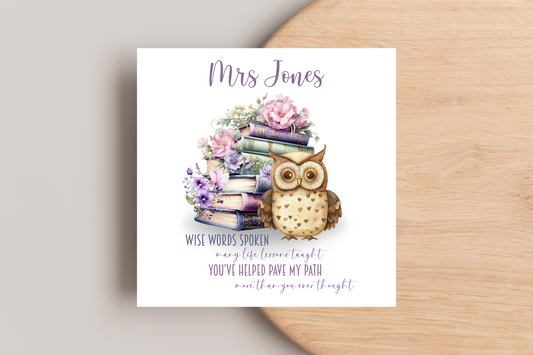 Personalised Wise Owl Thank you Teacher Card