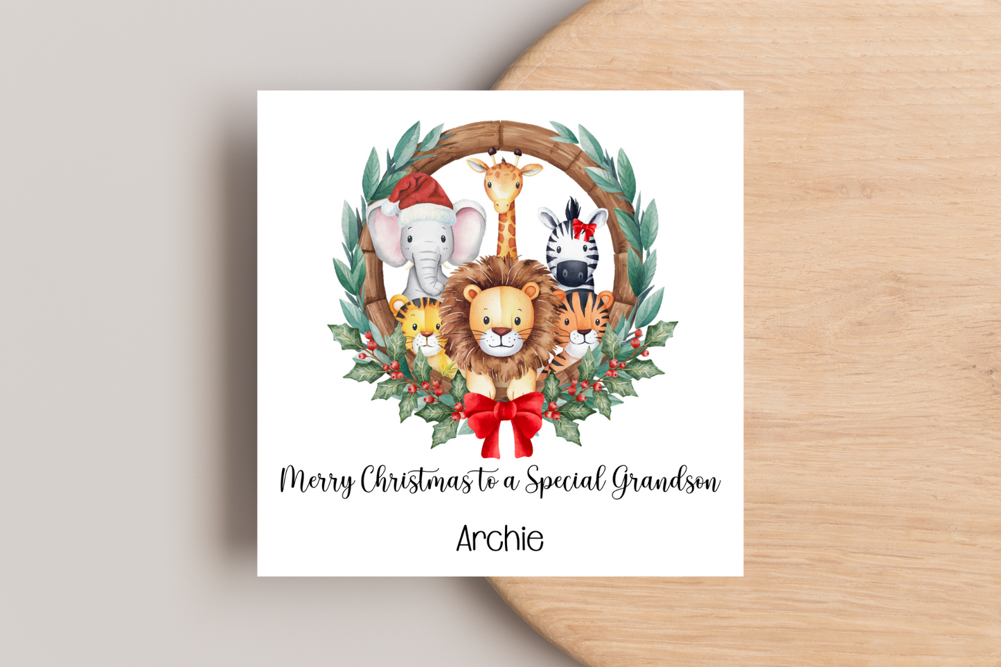 Personalised Jungle Animal Wreath Christmas Card