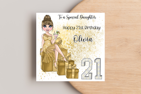 21st Birthday Card Personalised- Lady in Gold Dress Sitting on Glittering Presents