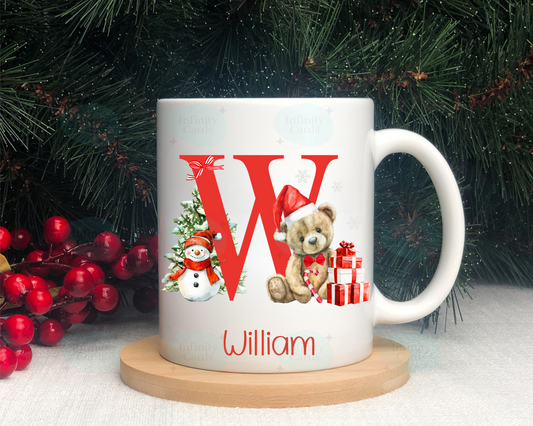 Personalised Teddy Bear Initial Christmas Mug