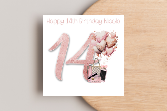 Personalised 14th Pink Tech Birthday Card