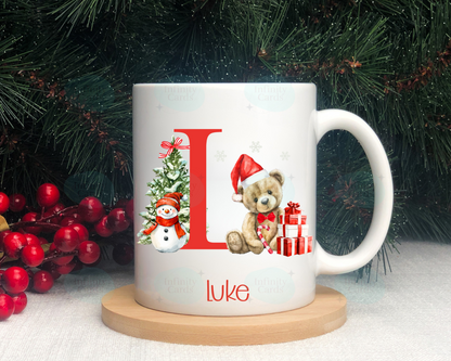 Personalised Teddy Bear Initial Christmas Mug