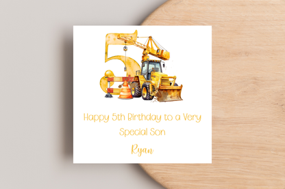 Personalised Digger Construction Themed Birthday Card