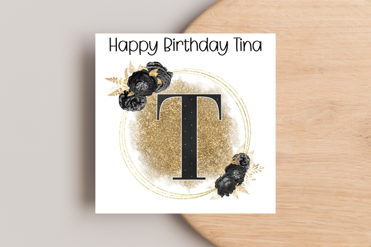 Personalised Black and Gold Initial Birthday Card