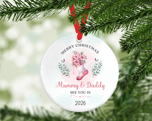Parents to Be See You in 2026 Mummy and Daddy Christmas Tree Decoration