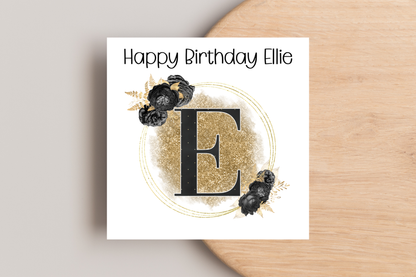 Personalised Black and Gold Initial Birthday Card