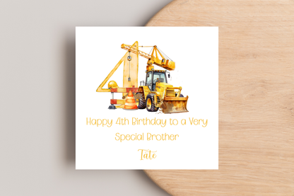 Personalised Digger Construction Themed Birthday Card