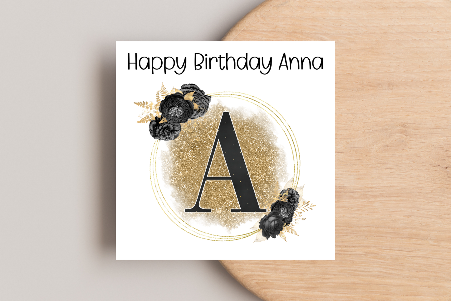 Personalised Black and Gold Initial Birthday Card