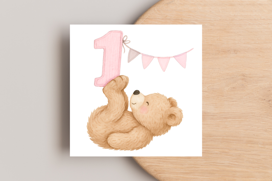 Bear Pink 1 2 3 Years Birthday Card