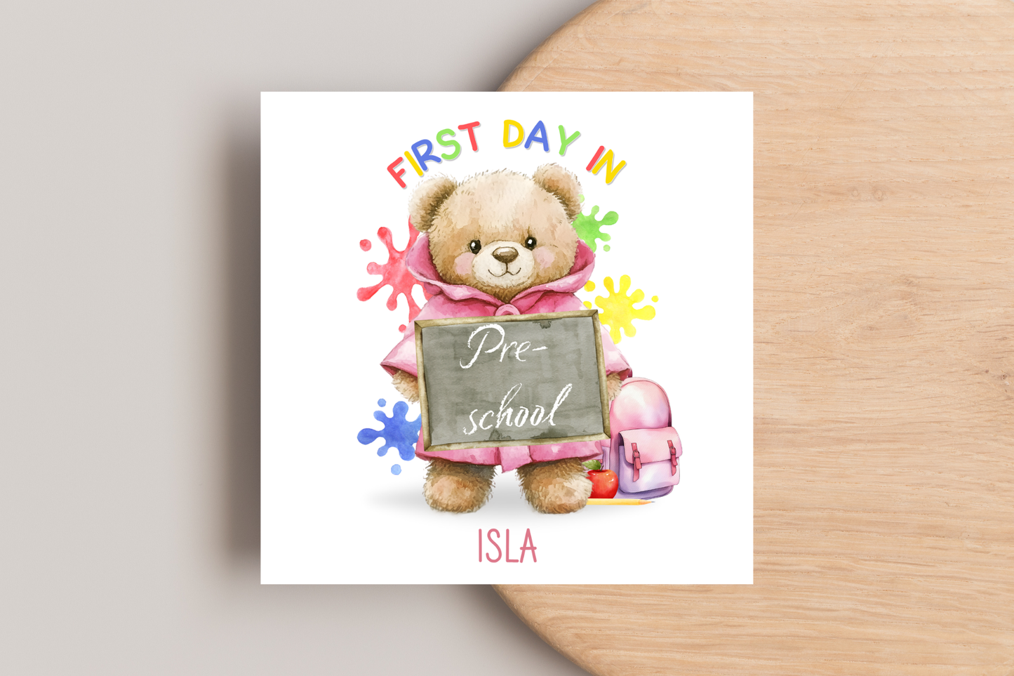 Personalised Colourful Bear First Day of School Card