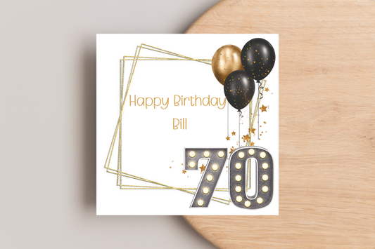 Personalised Black and Gold 70th Birthday Card