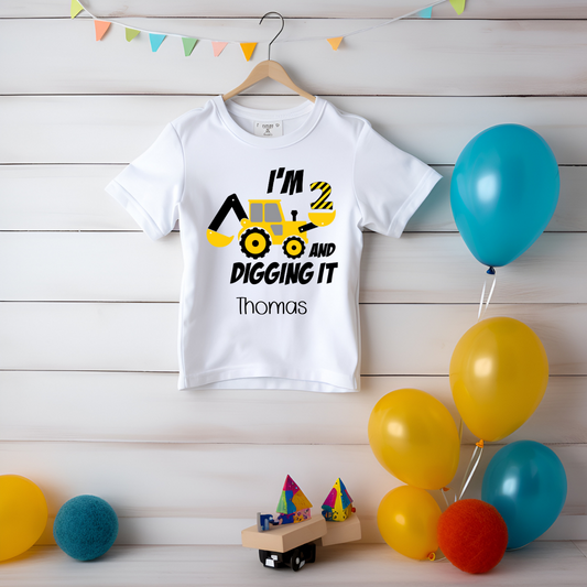 I'm 2 and digging it Personalised Construction Birthday t-shirt