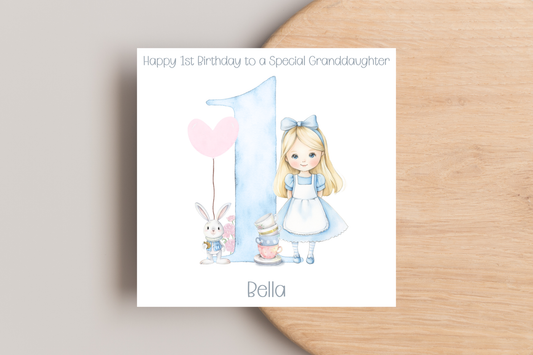 Personalised Alice and White Rabbit 1st Birthday Card