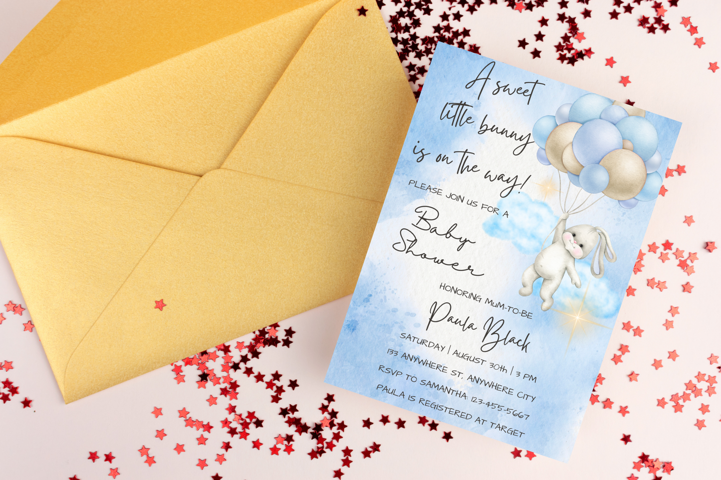 Editable Pink or Blue Bunny Baby Shower Invitation