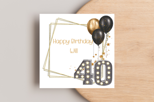 Personalised Black and Gold 40th Birthday Card