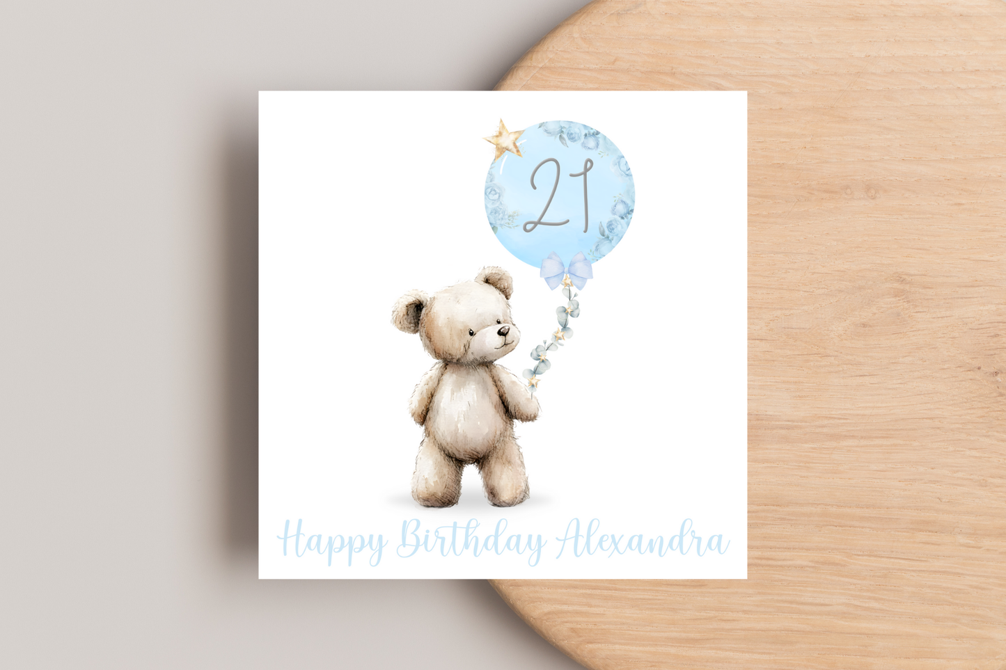 Personalised Bear with Pink Balloon 21st Birthday Card